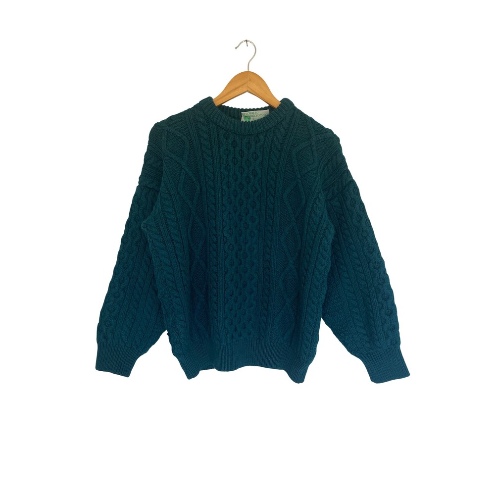 Irish Aran Wool Sweater Teal Green Cable Knit Fisherman 40 Vintage Heritage